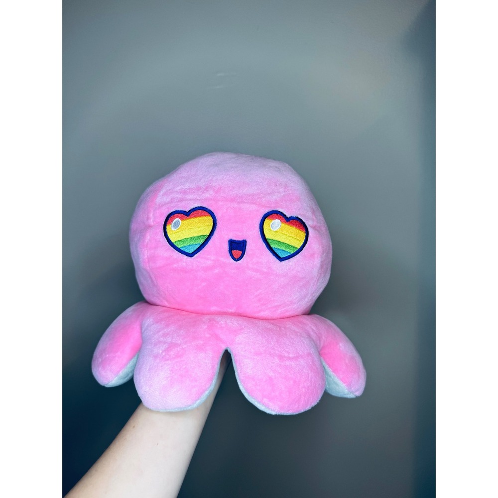 TeeTurtle Reversible Octopus Plush Pink Rainbow Heart Eyes Blue Sad Mood Toy‎